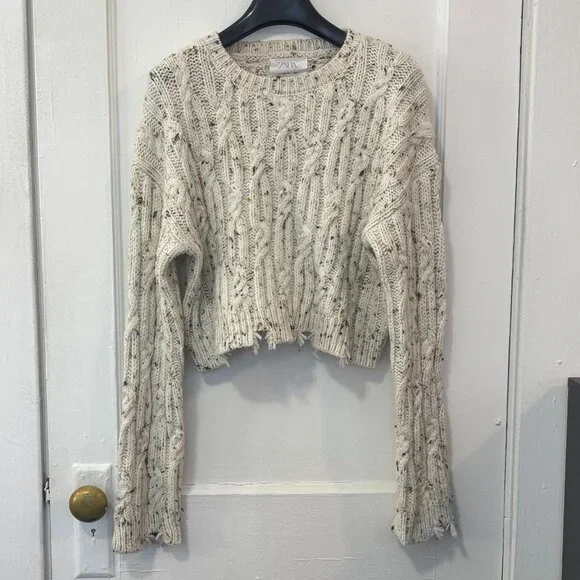 ZARA KID'S GIRL Cream Flecked Distressed Cropped Cable-Knit Sweater, 13-14 Years - Picture 2 of 14